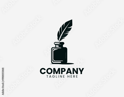 An ink bottle with feather quill is illustrated with spill minimalist black vector logo design