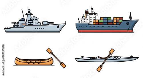Collection of diverse watercraft including a warship cargo ship canoe and kayak.