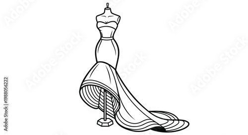 Fashion, dress, evening gown, formal wear, illustration, black and white, vector