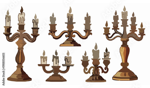 Ornate vintage candle holders and candelabras with lit candles decorative cartoon vector illustration set isolated on white