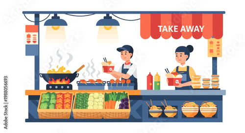 Modern Coffee Stand Illustration for Takeaway Service, Minimalist Cafe Kiosk Design with Menu Board, Small Street Food Stall Graphic for Urban Business Branding