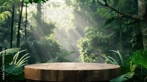 Wood podium outdoors with blur green monstera tropical forest plant, nature background