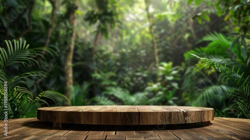 Wood podium outdoors with blur green monstera tropical forest plant, nature background
