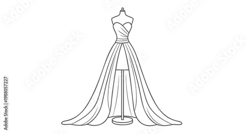 Elegant evening gown, formal dress, vector fashion illustration, black and white, wedding dress, formal wear