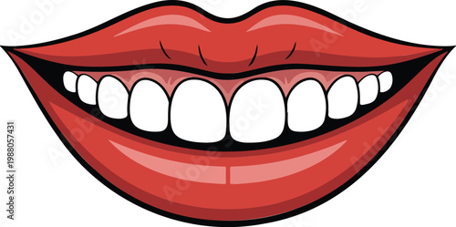 Big happy smile with red lips and white healthy teeth for dental care oral hygiene and positive facial expression concept vector illustration