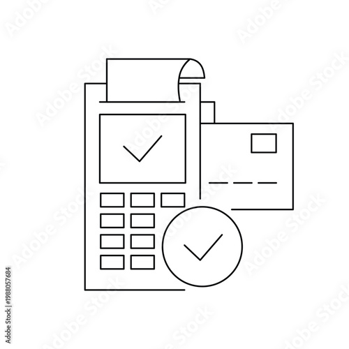 Successful payment icon on POS terminal with checkmark symbol for completed transaction.Editable stroke, Vector illustration, Line art Icon, Symbols.
