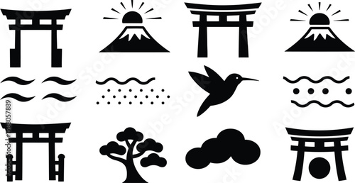 Japanese cultural icons torii gates mount fuji waves and natural elements