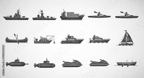 Collection of diverse watercraft and marine vessels illustrations.