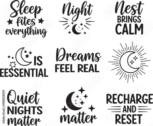 Sleep Night Rest Typography Bundle, Dream Calm Recharge Inspirational Lettering Designs