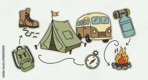 Camping and outdoor adventure gear illustration.