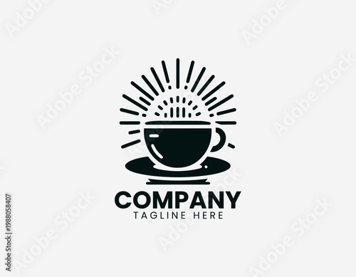A coffee cup logo is combined with rising sun rays in bold minimalist black vector
