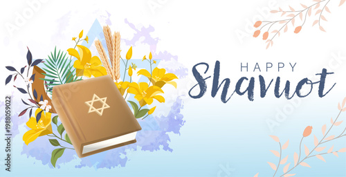 Shavuot Horizontal Banner with Torah Book, Shofar and Blooming Flowers in Soft Spring Illustration Style