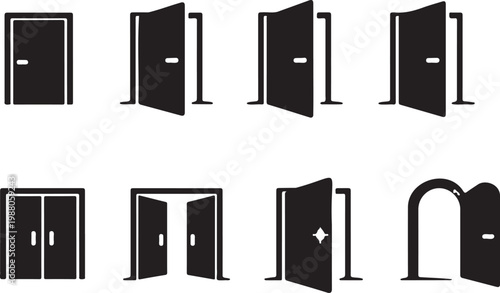 door icon set black symbols collection, entrance doorway graphic elements pack, door icons isolated design