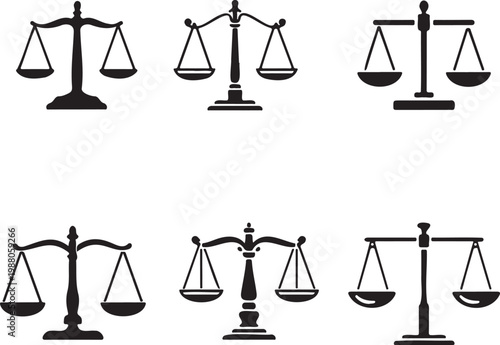 balance scale icon set justice symbols black, law legal graphic elements collection, scale icons isolated