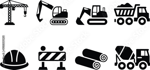 Construction equipment icons a black and white vector set for building and infrastructure