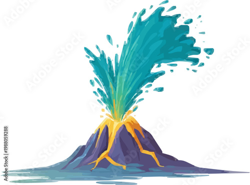 A minimalist volcanic geyser eruption in a flat vector illustration style, featuring a powerful stream of hot water and steam bursting from cracked earth with clean geometric shapes against a white