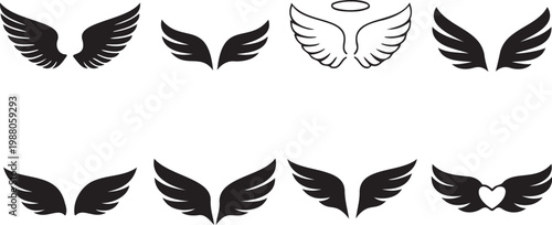 wing icon set black silhouette symbols, flying feather graphic elements collection, wing icons isolated design