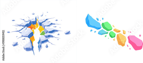 A minimalist stained glass panel in vibrant hues of blue, orange, yellow, and green is shattered into sharp, multi-colored fragments against a stark white background