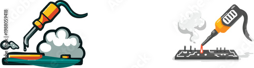 A flat vector illustration depicts a soldering iron touching a circuit board, emitting white smoke and a silver solder drip, in a minimalist 2D design with no shadows