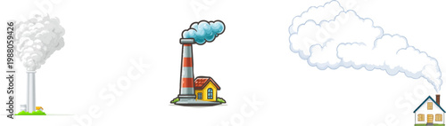 A minimalist flat vector illustration depicts a smoke chimney plume rising from a cartoon house, with clean vertical puffy shapes in solid grey colors against a white background