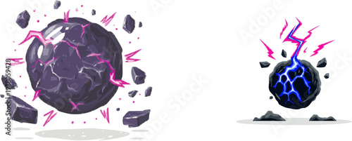 A shattered black magic sphere bursts into sharp purple fragments and pink energy sparks, set against a minimalist white background with clean lines and vibrant colors