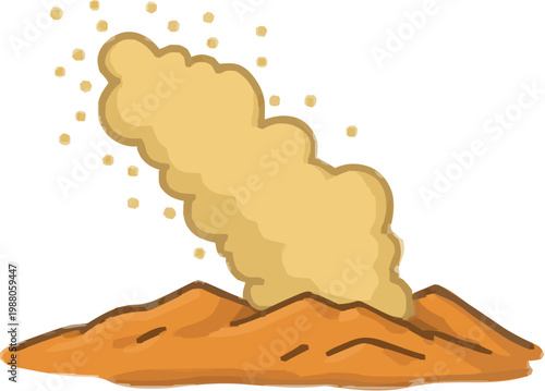 A flat vector illustration depicts a sandstorm sweeping across desert dunes, swirling beige dust and grain particles in a minimalist, bold outline style with solid warm colors on an isolated white
