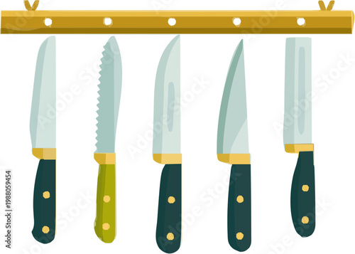 A minimalist flat vector illustration of five kitchen knives hanging on a magnetic strip, showcasing various types with green handles and gold accents against a charcoal grey background