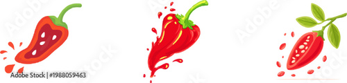 A minimalist flat vector illustration of a sliced red pepper with vibrant red and white hues, splashes of juice, and flying seeds, set against a clean white background