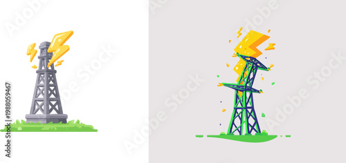A minimalist, neon yellow power line tower stands on a grassy patch, with two massive electric arcs crackling above it against a stark white background