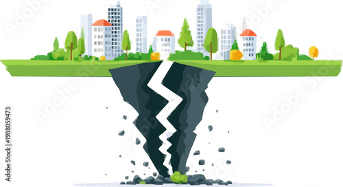 A powerful earthquake cracks the ground, creating jagged white faults in a minimalist cityscape illustration with solid dark colors and no shadows