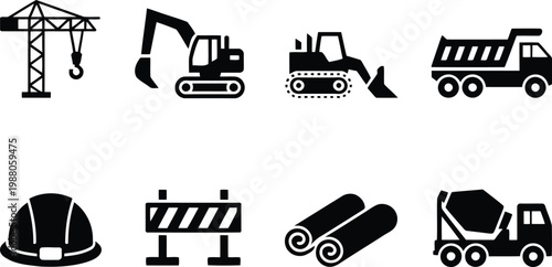 Construction equipment icons a black and white set for building and infrastructure projects