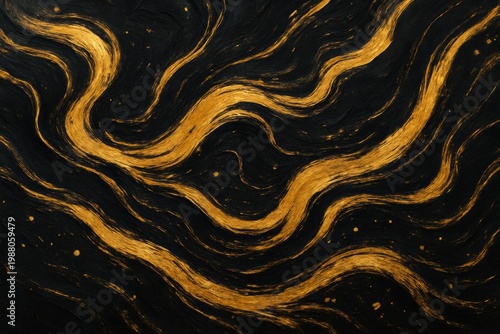 Abstract textured background featuring elegant golden wavy lines on a dark black surface. Ideal for luxury branding, sophisticated design, or artistic backdrops.