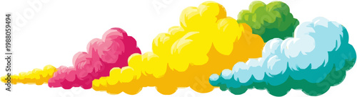 A vibrant plume of colorful smoke in pink, orange, blue, yellow, green, and teal hues swirls smoothly against a pristine white background, exuding a minimalist yet vivid aesthetic