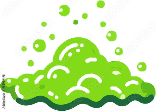 A powerful acid rain dissolves a surface in this minimalist illustration, showcasing vibrant green liquid and white vapor puffs against a stark white background