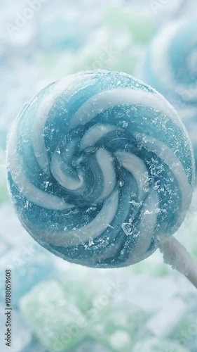 Close-Up of a Swirl Lollipop Covered in Frost Surrounded by Ice Crystals