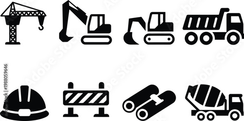 Construction equipment and safety icons set black and white vector illustration