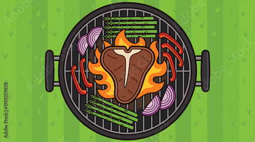 Summer BBQ Grill with Steak and Vegetables - Vector Illustration