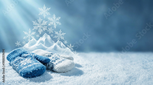 Panoramic Winter Holiday Banner Featuring Knitted Blue Mittens on Fresh Snow with Stylized Ice Mountain Peaks and Decorative Snowflakes in the Air