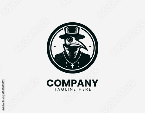 A plague doctor silhouette logo is illustrated with a top hat and beaked mask in distressed black vector
