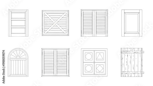 Collection of diverse window and shutter architectural outline vector designs