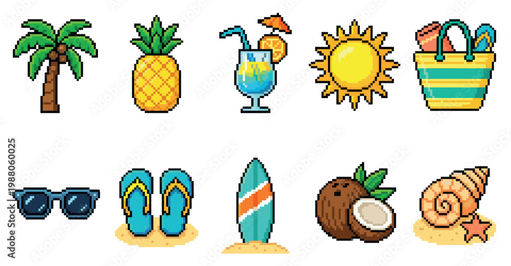 Fototapeta premium This collection of pixel art icons captures the essence of summer vacation, featuring beach essentials like a palm tree, pineapple, cocktail, sun, beach bag, sunglasses, flip-flops, surfboard, coconut