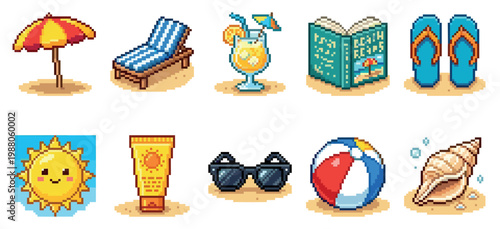 A collection of cheerful pixel art icons representing various beach vacation elements, including an umbrella, lounge chair, cocktail, book, flip-flops, sun, sunscreen, sunglasses, beach ball.