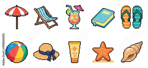 A collection of pixel art icons depicting beach vacation essentials like a striped umbrella, lounge chair, cocktail, book, flip-flops, beach ball, straw hat, sunscreen, starfish.