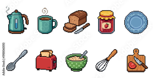 A collection of pixel art icons representing breakfast items and kitchen tools, including a kettle, coffee cup, bread, jam, plate, spoon, toaster, oatmeal, whisk, and cutting board with knife.