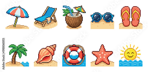 A charming collection of pixel art icons depicting various beach and summer elements like an umbrella, lounge chair, coconut drink, sunglasses, flip flops, palm tree, seashell, lifebuoy, starfish.
