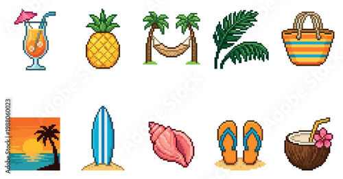 A collection of vibrant pixel art illustrations depicting summer vacation elements including a tropical drink, pineapple, hammock, palm leaves, beach bag, surfboard, seashell, flip flops.