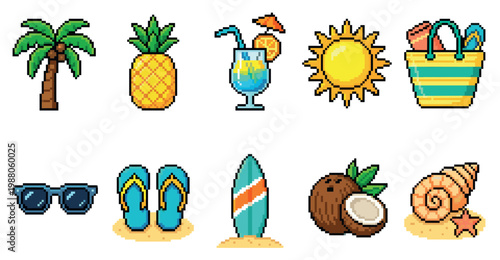 This collection of pixel art icons captures the essence of summer vacation, featuring beach essentials like a palm tree, pineapple, cocktail, sun, beach bag, sunglasses, flip-flops, surfboard, coconut