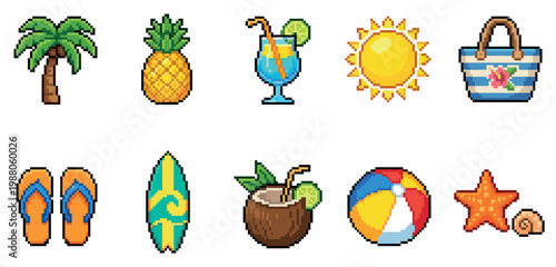 A collection of pixel art icons depicting various summer and beach elements, including a palm tree, pineapple, cocktail, sun, beach bag, flip-flops, surfboard, coconut, beach ball, starfish.