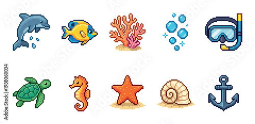 A vibrant collection of pixel art icons depicting various marine life and symbols, including a jumping dolphin, tropical fish, coral, bubbles, snorkel gear, sea turtle, seahorse, starfish, shell.