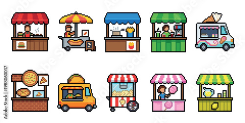 A collection of pixel art food stalls and trucks offering various fast foods like burgers, hot dogs, pizza, and ice cream, with vendors present at each.